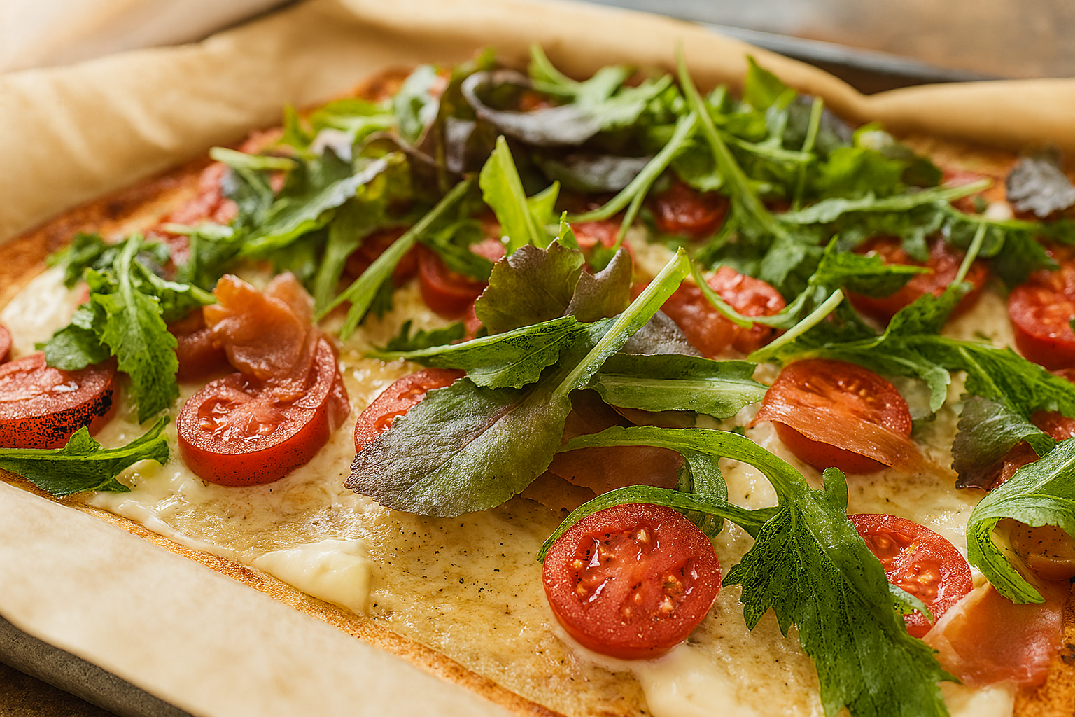 <i>Low Carb-</i><i>Flammkuchen mit</i><i>Serrano-Schinken und</i><i>Tomaten</i>